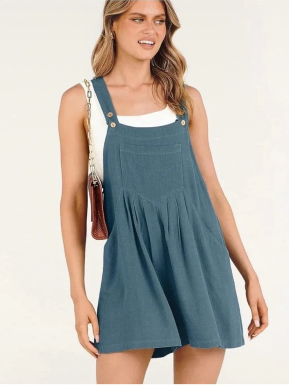 Women's Teal Pinafore Romper with Button Straps